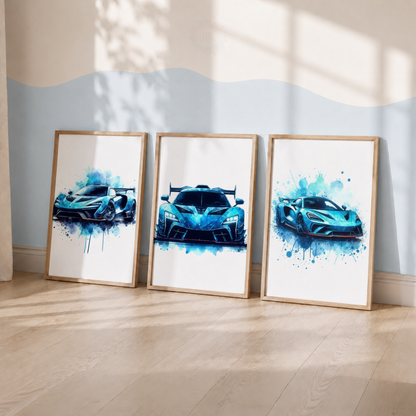 Blue Supercar Wall Art Set – Watercolor Sports Car Prints
