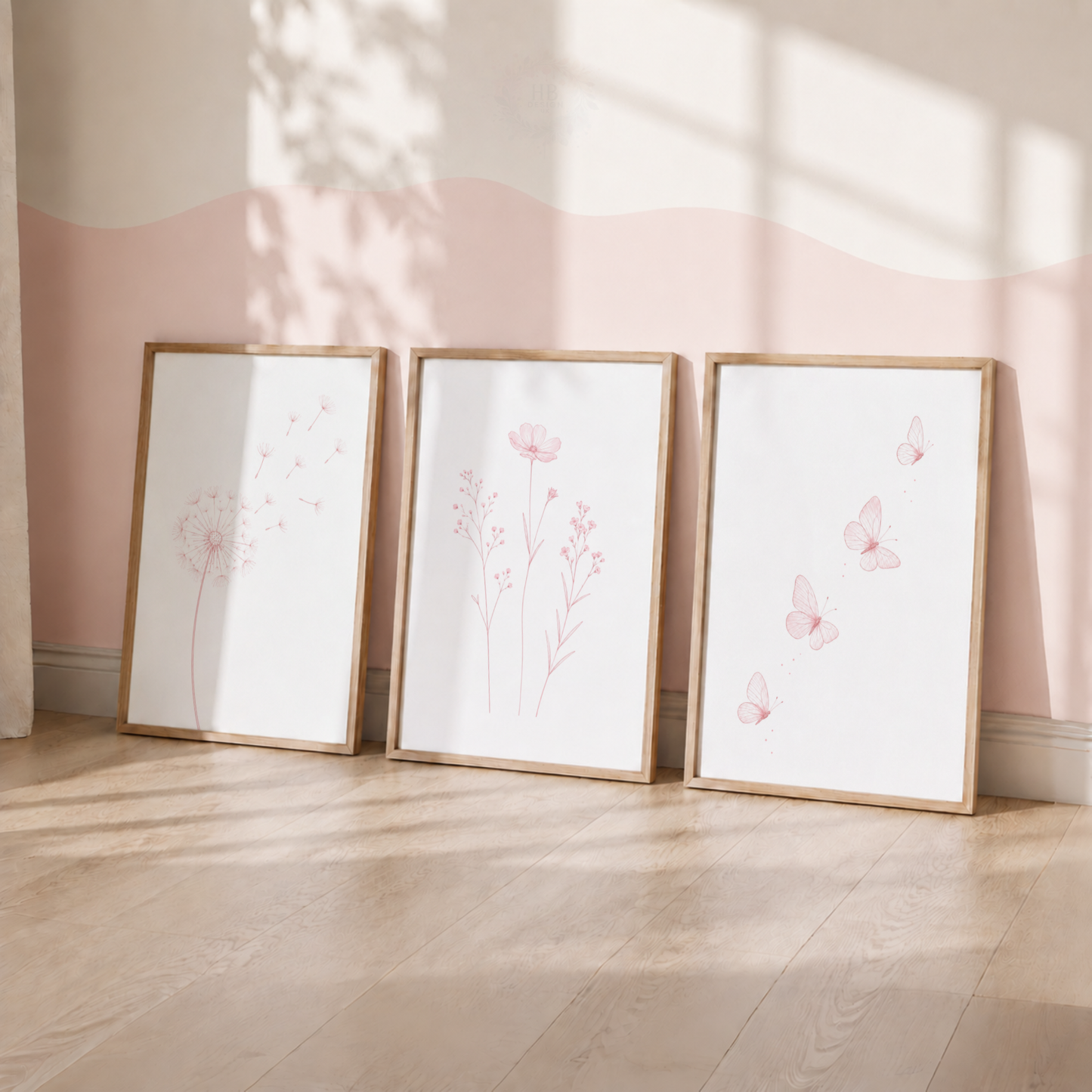 Pink Botanical Nursery Prints – Set of 3 Dandelion, Wildflower & Butterfly Wall Art