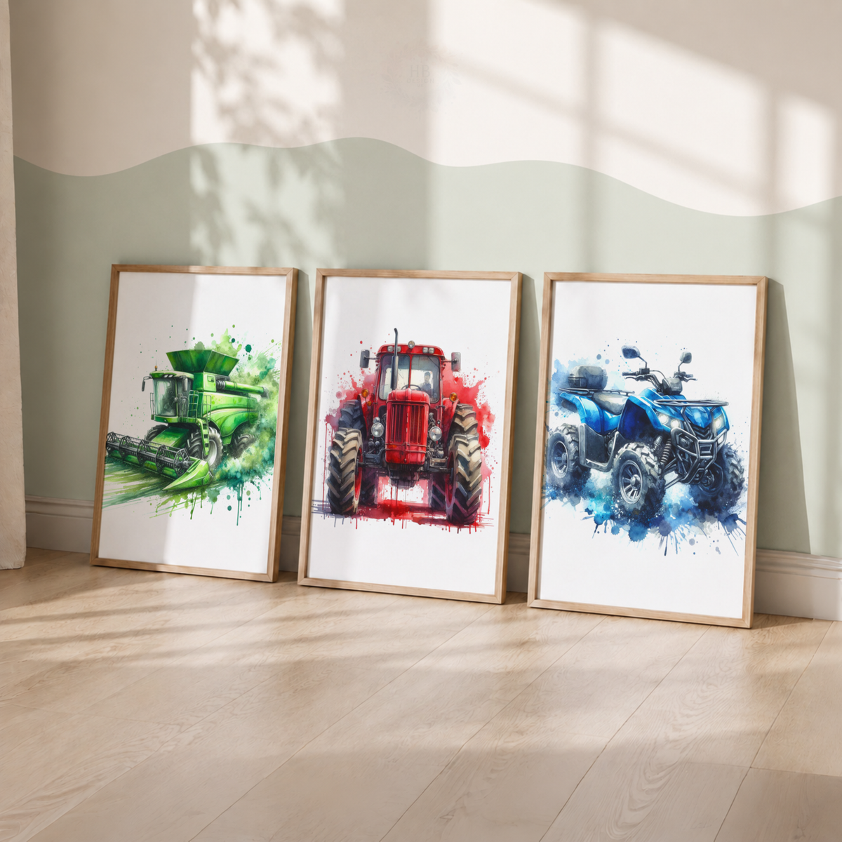 Farm Vehicle Nursery Prints Set – Tractor, Combine Harvester & Quad Bike Wall Art