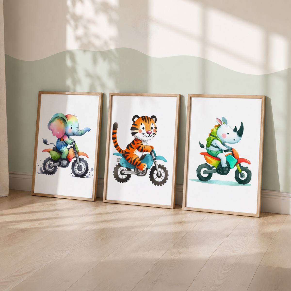 Safari Animals on Motorbikes Watercolor Wall Art Set – Kids Nursery Prints