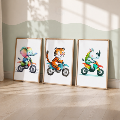Safari Animals on Motorbikes Watercolor Wall Art Set – Kids Nursery Prints