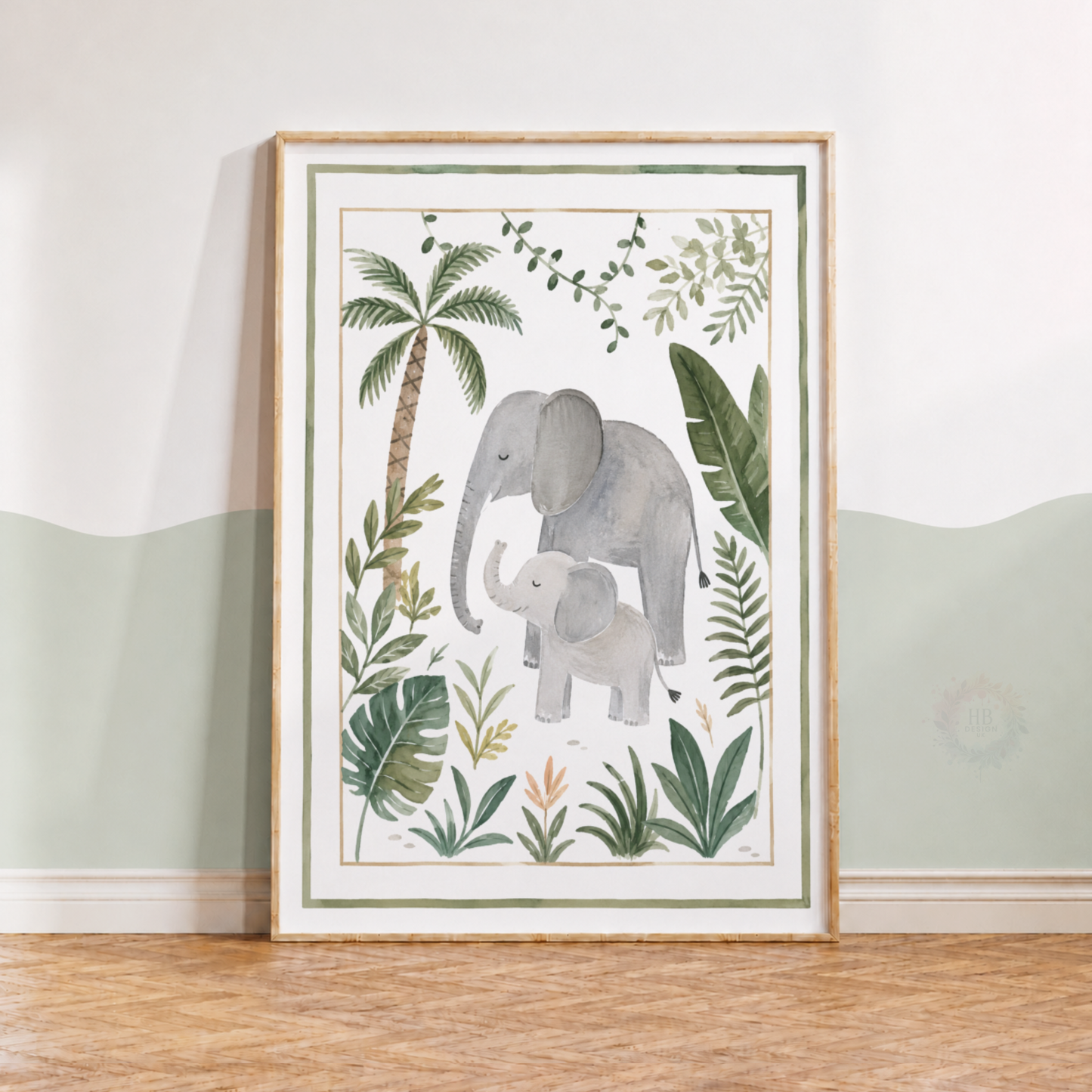 Elephant & Baby Jungle Nursery Print – Watercolour Safari Animal Wall Art