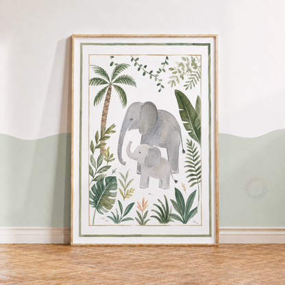 Elephant & Baby Jungle Nursery Print – Watercolour Safari Animal Wall Art