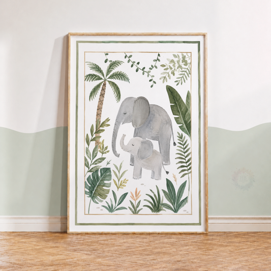 Elephant & Baby Jungle Nursery Print – Watercolour Safari Animal Wall Art