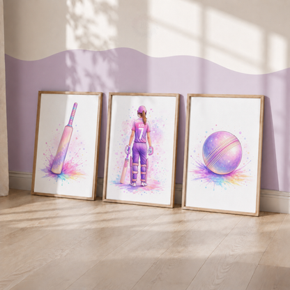 Personalised Girls Cricket Wall Art Set – Pink & Purple Watercolour Cricket Prints