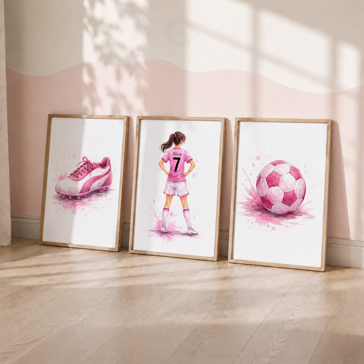 Girls Football Wall Art Set – Pink Watercolour Football Player Prints