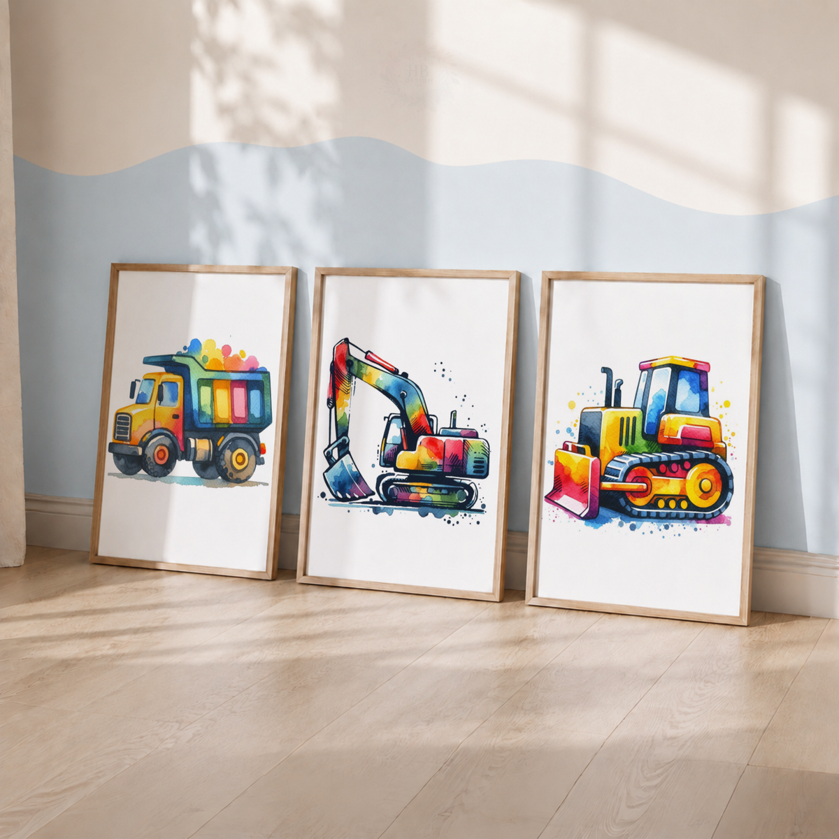 Colorful Construction Vehicle Nursery Prints Set – Dump Truck Excavator & Bulldozer Wall Art