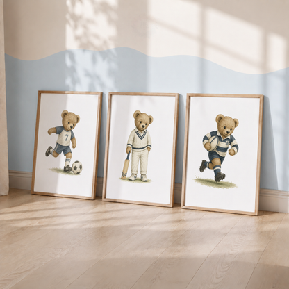 Teddy Bear Sports Wall Art Set – Football Cricket & Rugby Nursery Prints