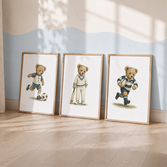 Teddy Bear Sports Wall Art Set – Football Cricket & Rugby Nursery Prints