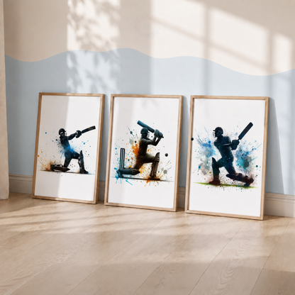 Cricket Batsman Watercolor Wall Art Set – Blue & Orange Cricket Player Sports Prints