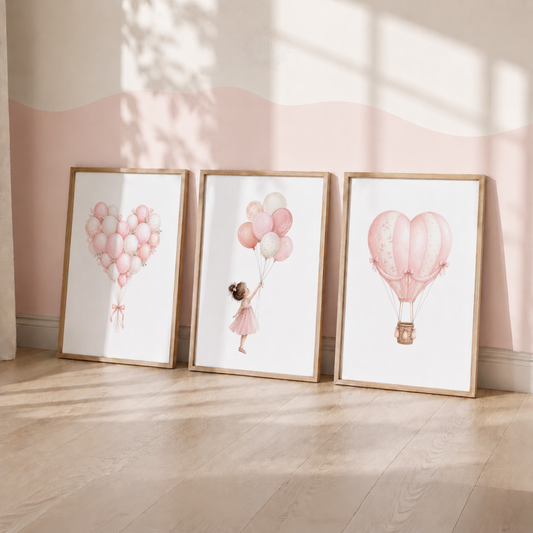 Pink Balloon & Hot Air Balloon Wall Art Print Set – Girls Nursery Decor