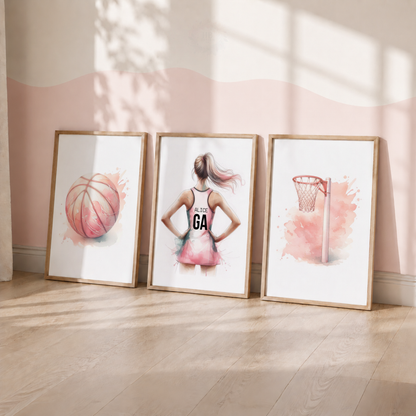 Personalised Netball Wall Art Set – Pink Watercolour Netball Prints for Girls’ Bedroom