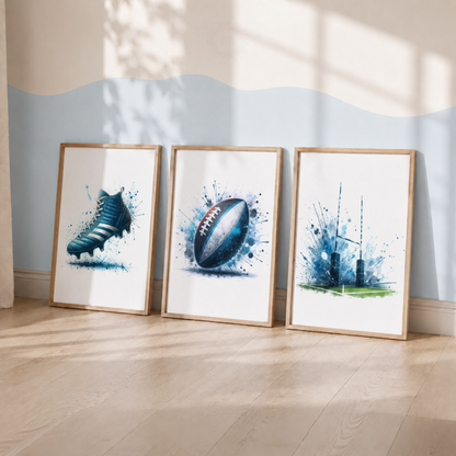 Rugby Watercolor Wall Art Set – Blue Rugby Boot, Ball & Goal Posts Sports Prints