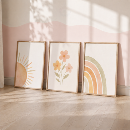 Boho Floral Nursery Prints – Set of 3 Sun, Flowers & Rainbow Wall Art