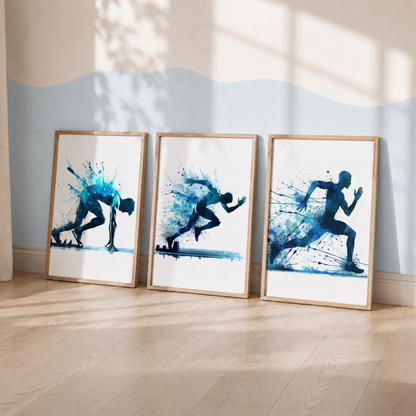Sprint Running Watercolor Wall Art Set – Blue Athlete & Track Runner Sports Prints