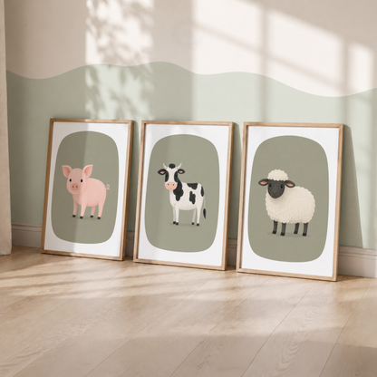 Farm Animal Nursery Prints – Pig, Cow & Sheep Wall Art Set