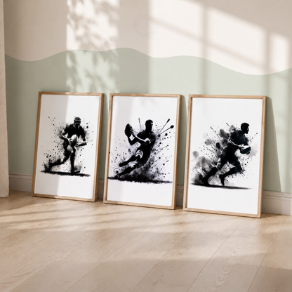 Rugby Watercolor Wall Art Set – Black & White Rugby Player Sports Prints