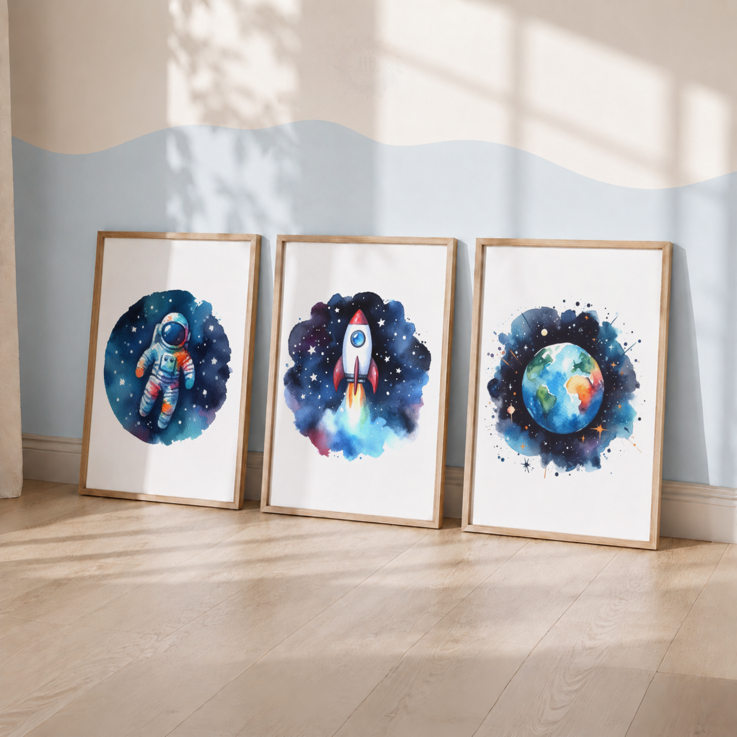 Watercolor Space Nursery Prints Set – Astronaut Rocket & Earth Wall Art