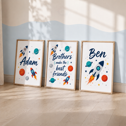 Space Brothers – Personalised Rocket & Planets Boys Print Set