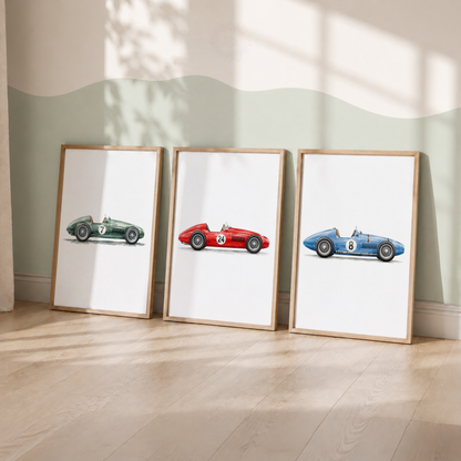 Vintage Racing Car Wall Art Set – Classic Green Red & Blue Car Prints