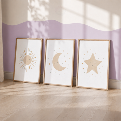 Sun Moon & Star Nursery Prints – Set of 3 Neutral Celestial Wall Art