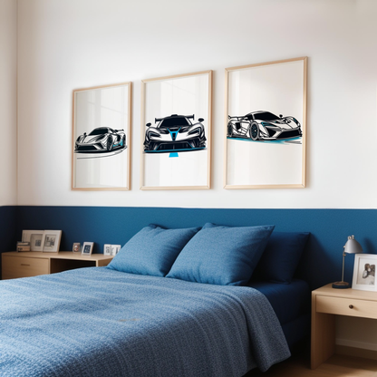 Blue Car Line Art Print Set