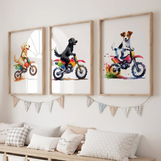 Nursery Dog Bikers - Animal Motorbike Print Set of 3
