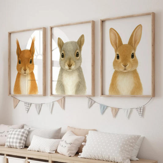Red Squirrel, Grey Squirrel & Rabbit - Woodland Nursery Print Set of 3
