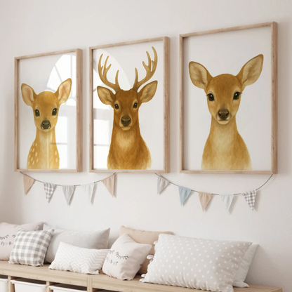 Baby Deer, Stag & Female Deer - Woodland Nursery Print Set of 3