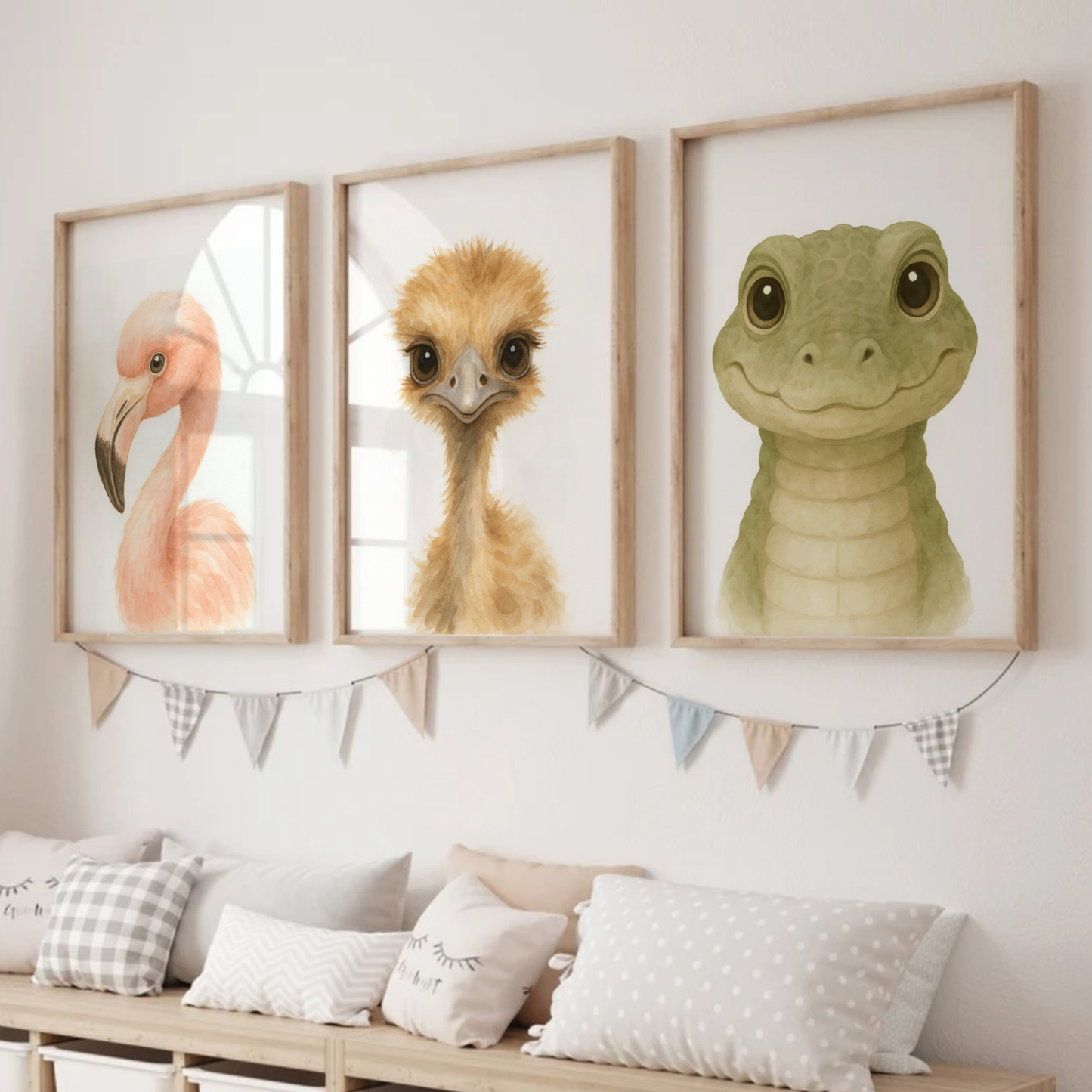 Flamingo, Ostrich & Crocodile - Safari Nursery Print Set of 3