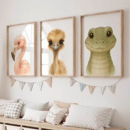 Flamingo, Ostrich & Crocodile - Safari Nursery Print Set of 3