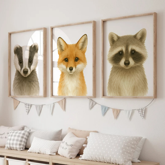 Badger, Fox & Racoon - Woodland Nursery Print Set of 3