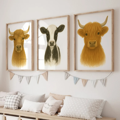 Watercolour Cows Print Set - Nursery Farmyard Animal Collection Set of 3