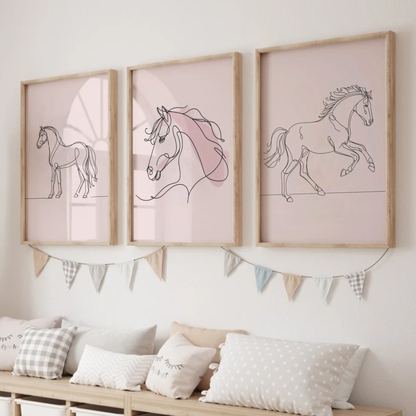 Pink Horse Line Art Print Set - Horse & Pony Collection Set of 3