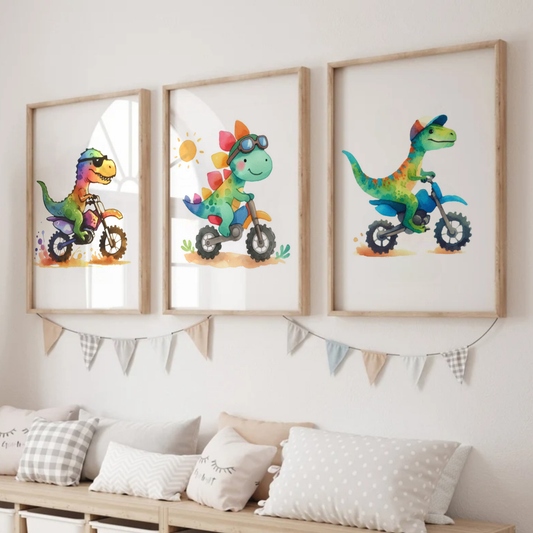 Nursery Dinosaur Bikers - Animal Motorbike Print Set of 3
