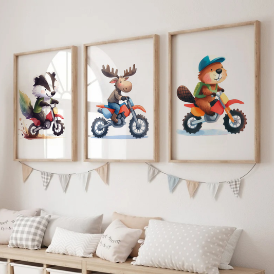 Nursery Woodland Animal Bikers - Animal Motorbike Print Set of 3