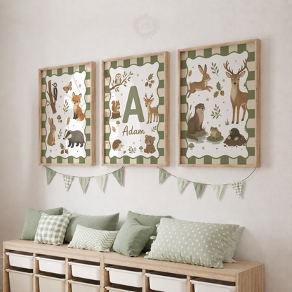 Woodland Friends – Personalised Set of 3 Woodland Animal Nursery Prints