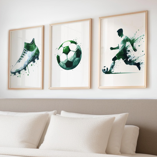 Green & White Football Print Set - Football Collection Set of 3