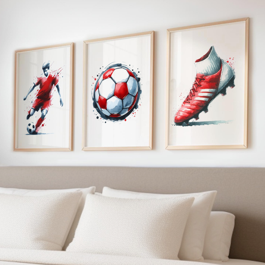 Red & White Football Print Set - Football Collection Set of 3