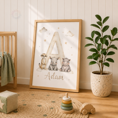 Dreamy Safari – Personalised Set of 3 Neutral Animal Nursery Prints