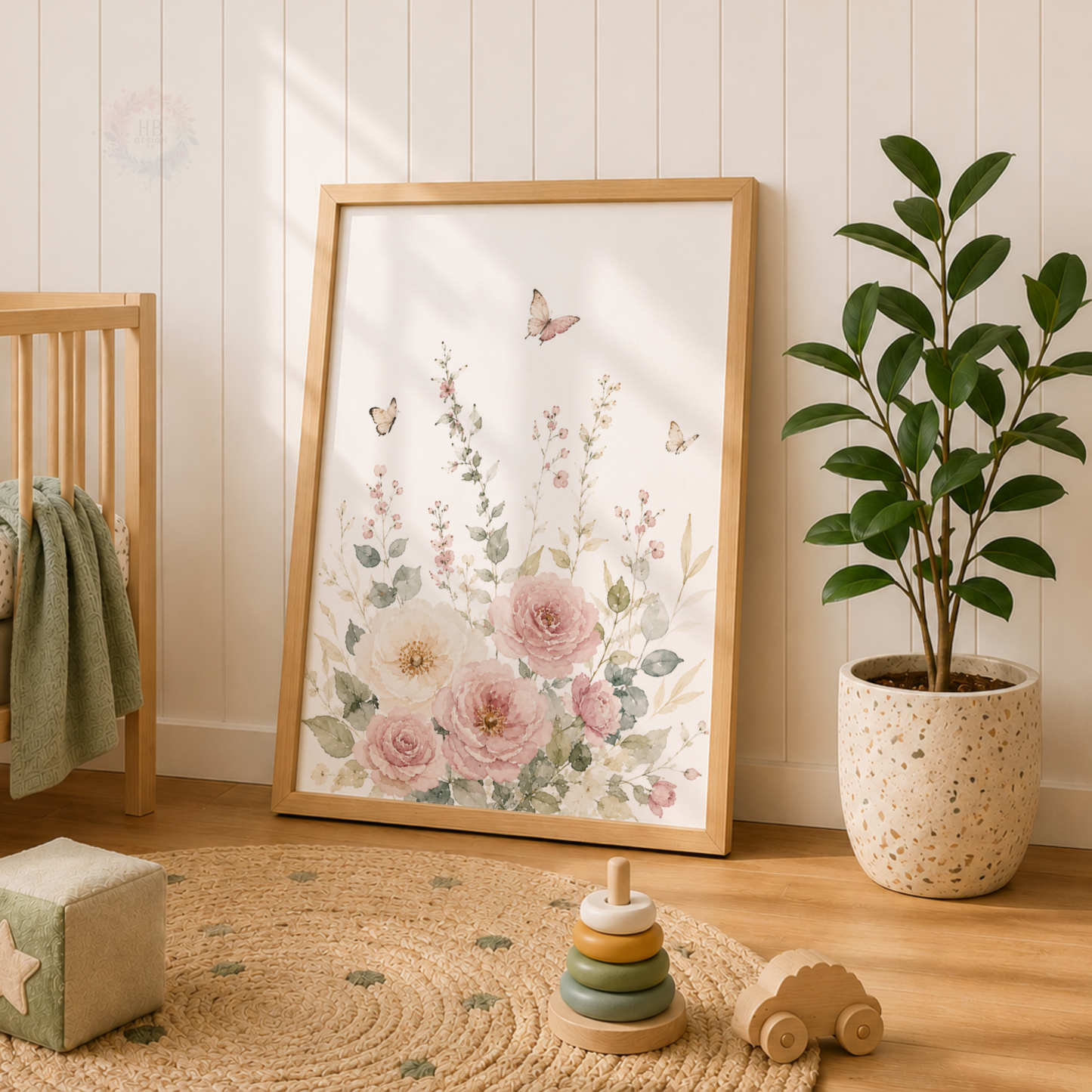 Floral Girl Nursery Prints – Set of 3 Pink Flowers, Butterflies & Swing Wall Art