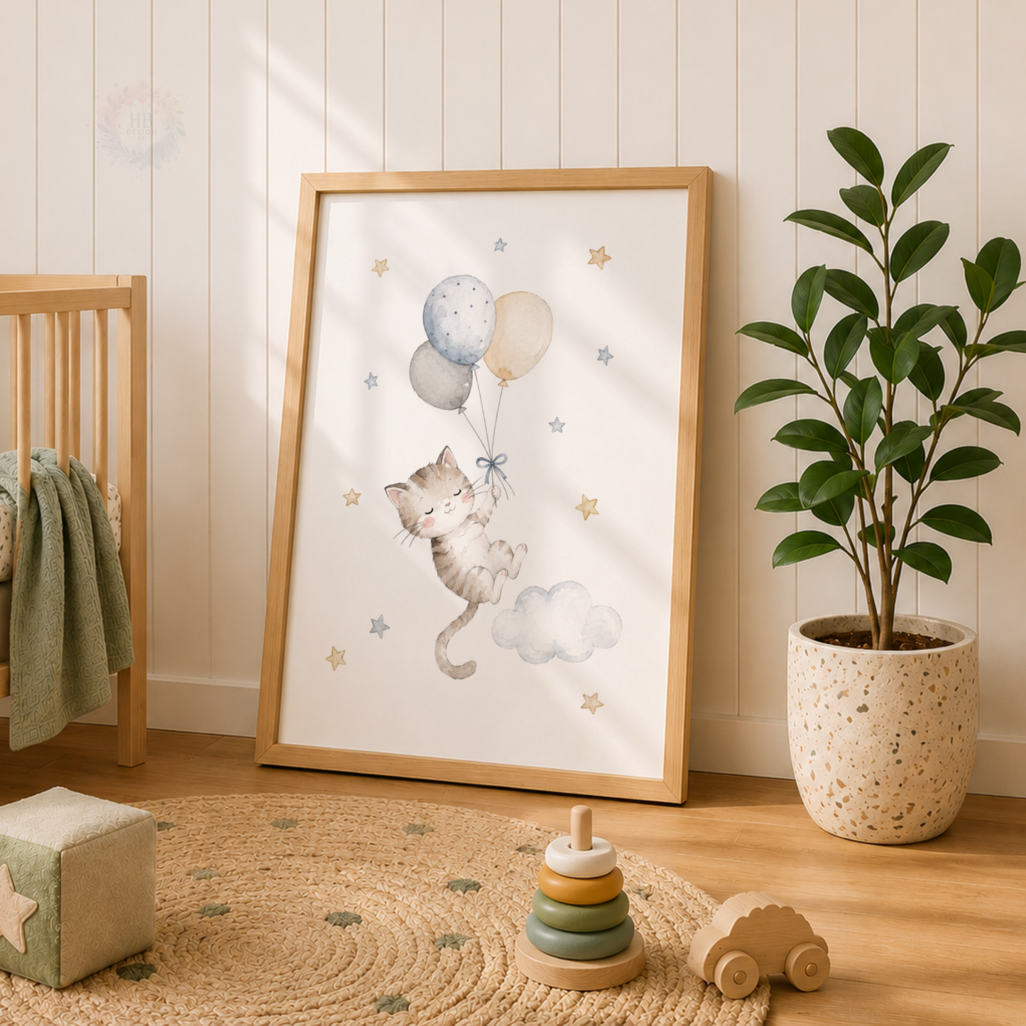 Cute Cat Nursery Prints – Set of 3 Moon, Stars & Balloon Kitten Wall Art
