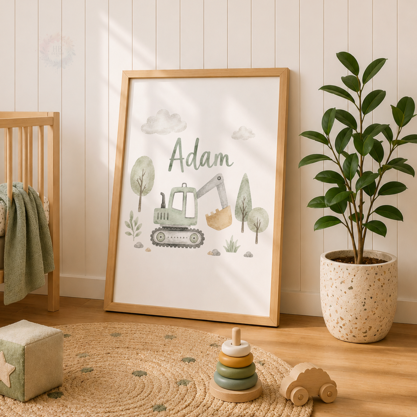 Little Green Machines – Personalised Set of 3 Construction Nursery Prints