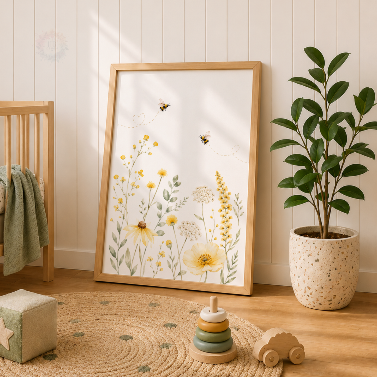 Personalised Bee & Wildflower Nursery Prints – Set of 3 Yellow Floral Wall Art