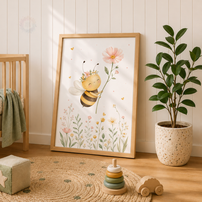 Personalised Pink Bee Nursery Prints – Set of 3 Floral Bumblebee Wall Art
