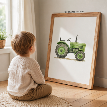 Vintage Tractor Wall Art Set – Green Red & Yellow Farm Nursery Prints