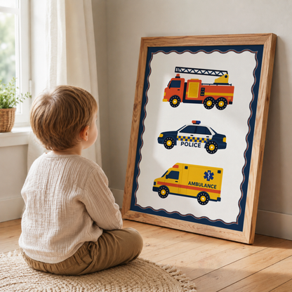 Busy Vehicles – Personalised Set of 3 Transport Nursery Prints