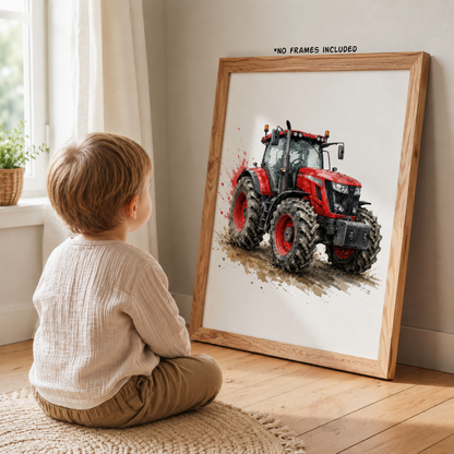 Tractor Nursery Wall Art Set – Red, Yellow & Green Farm Tractor Prints