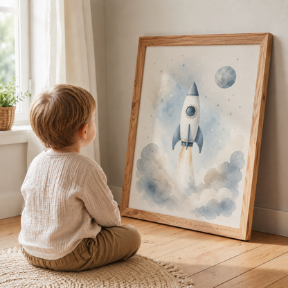 Blue Space Adventure Prints – Set of 3 Watercolour Rocket, Planets & Astronaut Nursery Wall Art