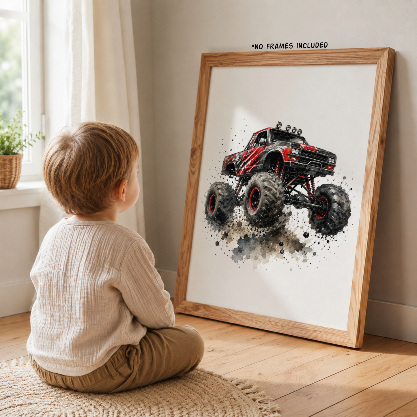 Personalised Monster Truck Wall Art Set – Racing Flag & Off-Road Truck Prints